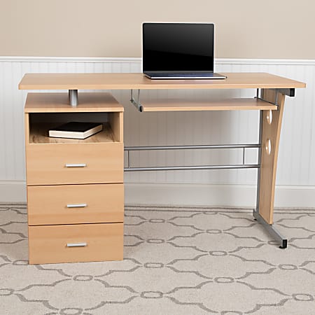 Flash Furniture 48"W Computer Desk With 3-Drawer Single Pedestal, Maple