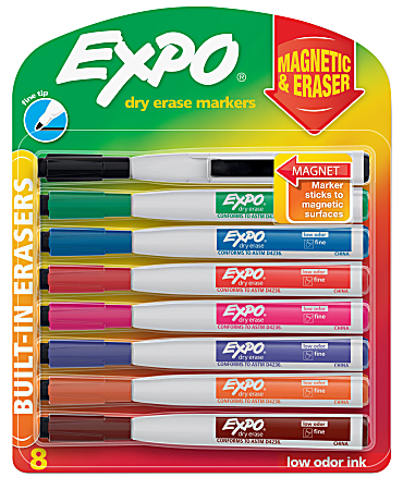 EXPO Magnetic Dry Erase Markers With Eraser Fine Tip Assorted Ink Colors  Pack Of 8 - Office Depot