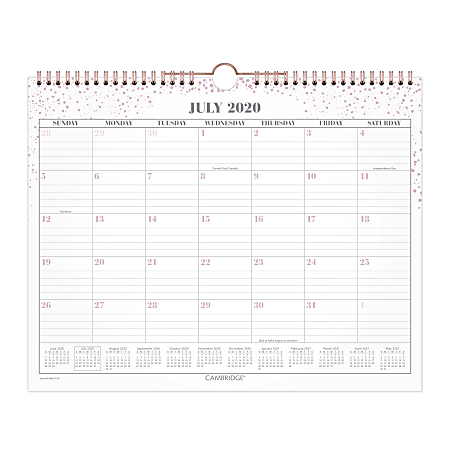 Cambridge® WorkStyle Academic Monthly Wall Calendar, 15" x 12", Gray/Pink/White, July 2020 To June 2021, W1442-707A