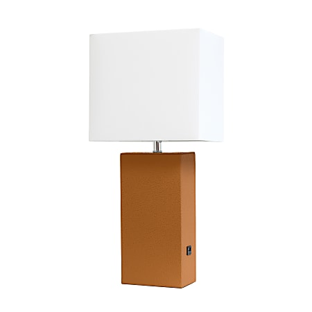 Elegant Designs Modern Leather/Fabric Desk Lamp With USB Port, 21"H, White Shade/Tan Base