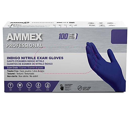 Ammex Professional Indigo Disposable Powder-Free Nitrile Exam Gloves, Large, Box Of 100 Gloves