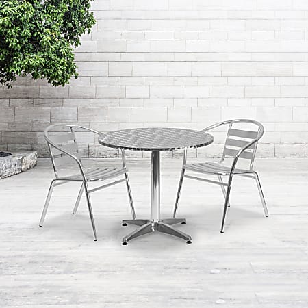 Flash Furniture Lila 3-Piece 31-1/2" Round Aluminum Indoor/Outdoor Table Set With Slat-Back Chairs