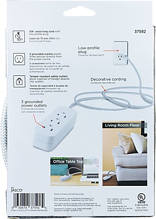 Cordinate 3-Outlet Grounded Extension Cord, 10', Gray/White, 37592