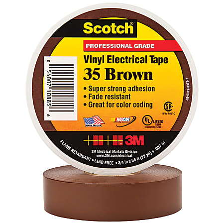 3M™ 35 Color-Coded Vinyl Electrical Tape, 1.5" Core, 0.75" x 66', Brown, Pack Of 100