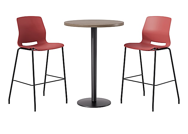 KFI Studios Proof Bistro Round Pedestal Table With Imme Barstools, 2 Barstools, 30", Studio Teak/Black/Coral Stools