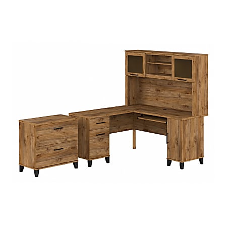 Bush Furniture Somerset 60"W L-Shaped Desk With Hutch And Lateral File Cabinet, Fresh Walnut, Standard Delivery