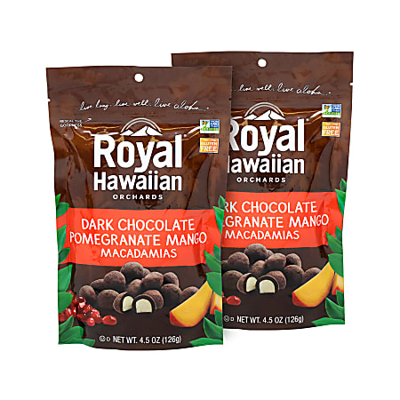 Royal Hawaiian Dark Chocolate Pomegranate Mango Macadamias, 4.5 Oz, Pack Of 2 Bags