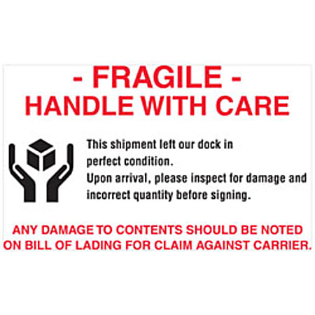 Tape Logic® Preprinted Pallet Protection Labels, DL3191, 6" x 4", "Fragile / Handle With Care / Any Damage To Contents Should Be Noted," Red/White, Roll Of 500