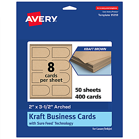 Avery® Print-To-The-Edge Business Cards With Sure Feed® Technology, 2"x3-1/2" Arched, Kraft Brown, Pack Of 400
