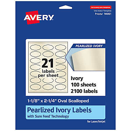 Avery® Pearlized Permanent Labels With Sure Feed®, 94061-PIP100, Oval Scalloped, 1-1/8" x 2-1/4", Ivory, Pack Of 2,100 Labels