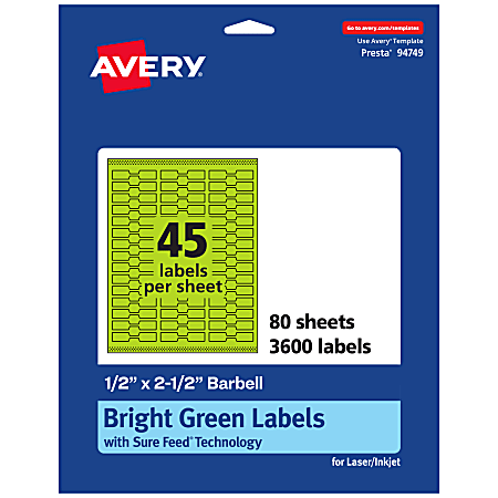 Avery® Printable Labels With Sure Feed® Technology, 94749-BGP80, Barbell, 1/2" x 2-1/2", Matte Bright Green, Pack of 3600