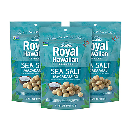 Royal Hawaiian Sea Salt Macadamias, 4 Oz, Pack Of 3 Bags
