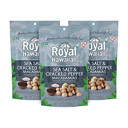 Royal Hawaiian Sea Salt And Cracked Pepper Macadamias, 4 Oz, Pack Of 3 Bags