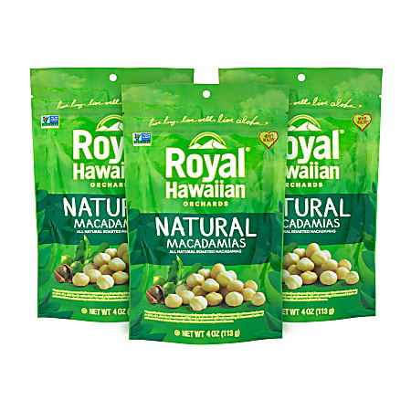 Royal Hawaiian Natural Macadamias, Unsalted, 4 Oz, Pack Of 3 Pouches