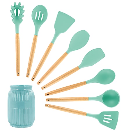 MegaChef Silicone And Wood Cooking Utensils, Mint Green, Set Of 9 Utensils