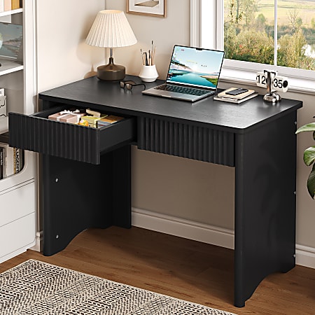 Bestier 40"W Fluted Computer Desk with 2 Drawers, Black, Total Qty 1