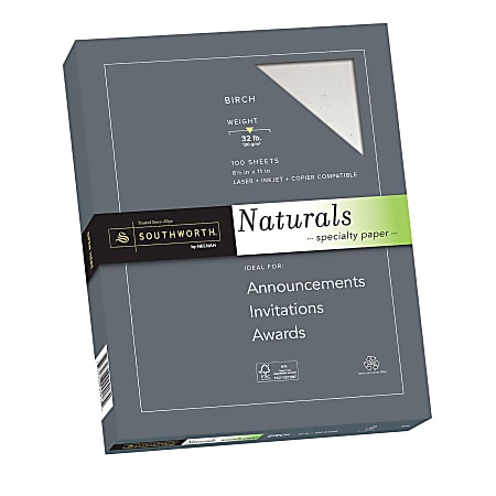 Southworth® Naturals Specialty Paper, 8 1/2" x 11", 32 Lb, Flecked Finish, Birch, 100 Sheets