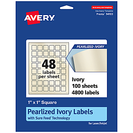 Avery® Pearlized Permanent Labels With Sure Feed®, 94103-PIP100, Square, 1" x 1", Ivory, Pack Of 4,800 Labels