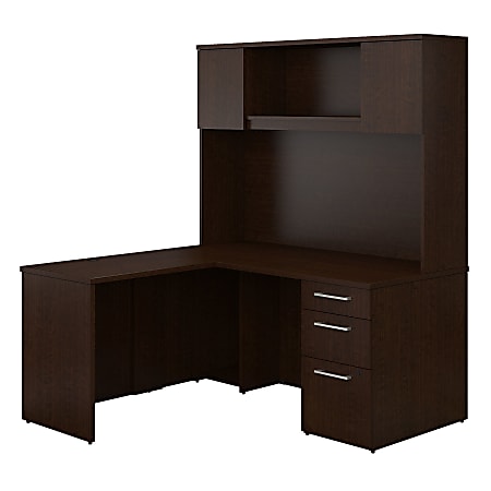 Bush Business Furniture 300 Series 60"W L-Shaped Desk With Hutch 30"W Return And Storage, Mocha Cherry, Premium Installation