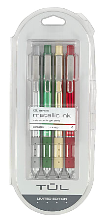TUL® Metallic Retractable Gel Pens, Medium Point, 0.8 mm, Assorted Holiday Barrel Colors, Assorted Ink Colors, Pack Of 4 Pens
