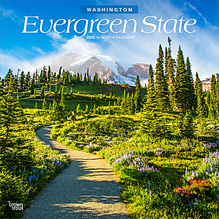 2025 BrownTrout Evergreen State Washington Places Monthly Square Wall Calendar, 12" x 12", American States, Jan to Dec 2025, 9781975483074