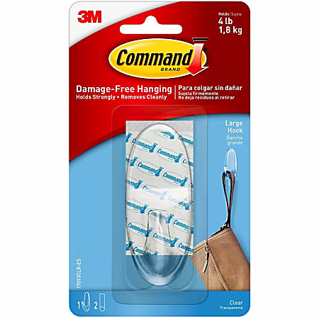 Command Large Hook With Clear Strips, 4 lb (1.81 kg) Capacity, For Decoration, Plastic, Clear, 1 Hook, 2 Strips