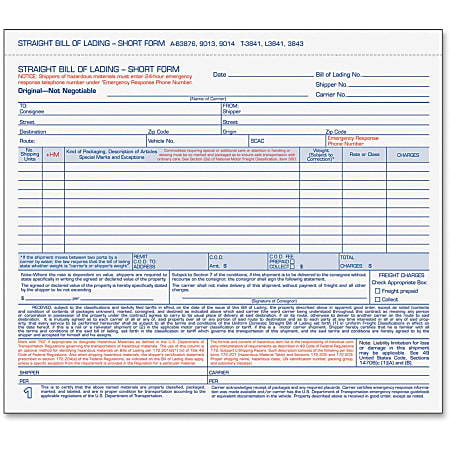 TOPS 3-part Hazardous Material Short Form - 3 PartCarbonless Copy - 8.50" x 6.93" Form Size - 7.62" x 8.50" Sheet Size - White Sheet(s) - Blue Print Color - 250 / Box