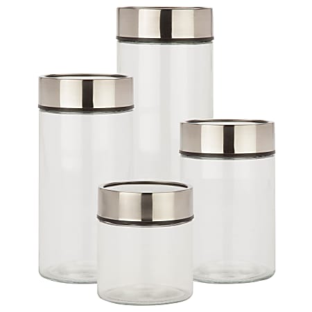 Honey Can Do Kitchen Glass Jar Set With Stainless Steel Lids And Fresh-Date Dials, 11-7/16”H x 4-9/16”W x 4-9/16”D
