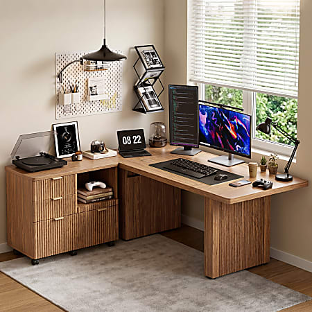 Bestier 70&rdquo; L-Shaped Executive Desk Fluted Wood Home Office Workstation with Rolling File Cabinet , Brown