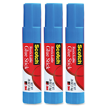 Scotch® Restickable Glue Stick, .26 oz, 3-Pack - 0.26 oz - 3 / Pack - White, Red