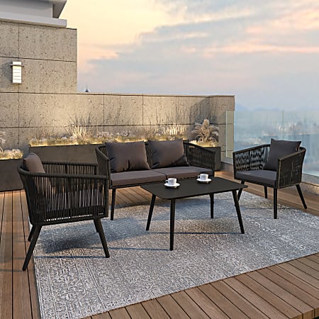 Flash Furniture Kierra 4-Piece All-Weather Woven Conversation Set With Metal Coffee Table, Black/Gray