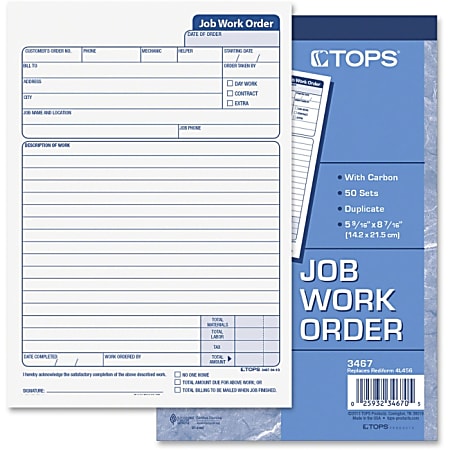 TOPS 3467 Job Work Order Form - 50 Sheet(s) - 2 Part - Carbon Copy - 8.38" x 5.50" Form Size - 10 / Box