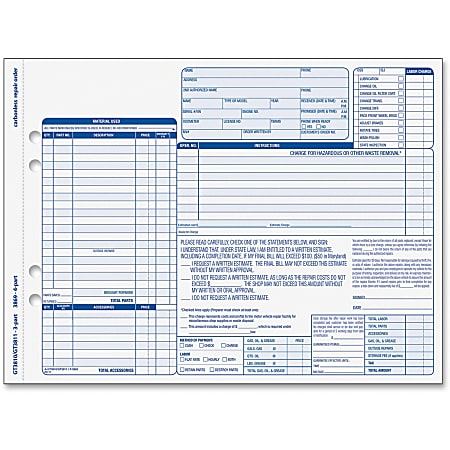 TOPS Garage Repair Order Unit Set - 50 Sheet(s) - 15 lb - 4 PartCarbonless Copy - 8.50" x 11" Form Size - 2 x Holes - White, Canary, Pink, Manila - Blue Print Color - 50 / Pack