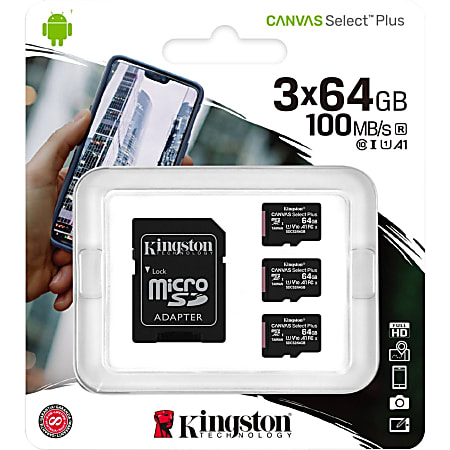 Kingston Canvas Select Plus 64 GB Class 10/UHS-I (U1) microSDXC - 3 Pack - 100 MB/s Read - Lifetime Warranty