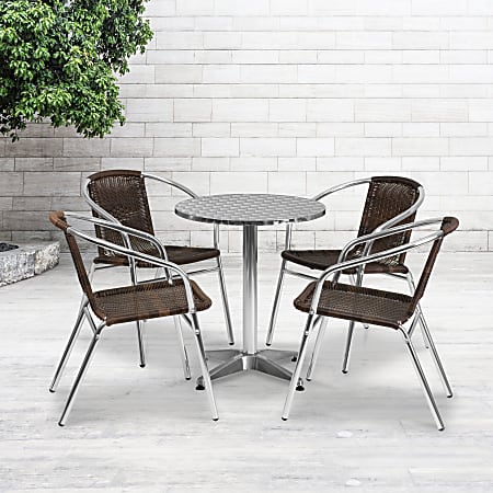 Flash Furniture Lila 5-Piece 23-1/2" Round Aluminum Indoor/Outdoor Table Set With Rattan Chairs, Dark Brown