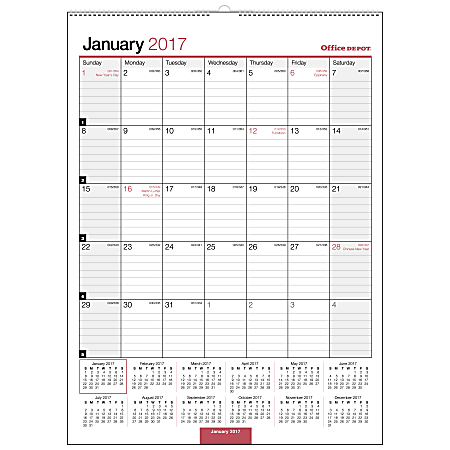 Office Depot® Brand Monthly Wall Calendar, 8" x 11", 30% Recycled, Black/Red, January to December 2017