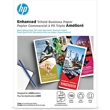 HP Laser Tri-Fold Brochure Paper, Letter Size (8 1/2" x 11"), Ream Of 150 Sheets, 40 Lb