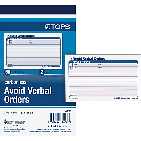 TOPS Avoid Verbal Orders Book 50 Sheets 2 PartCarbonless