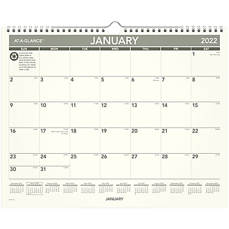 AT-A-GLANCE® Monthly Wall Calendar, 15" x 12", 100% Recycled, January To December 2022, PMG7728