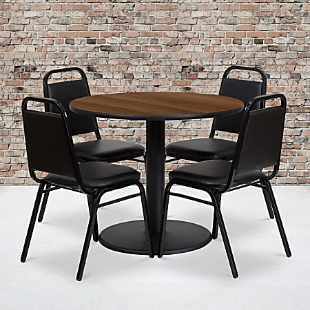 Flash Furniture Round Laminate Table Set With Round Base And 4 Trapezoidal-Back Banquet Chairs, 30"H x 36"W x 36"D, Walnut/Black