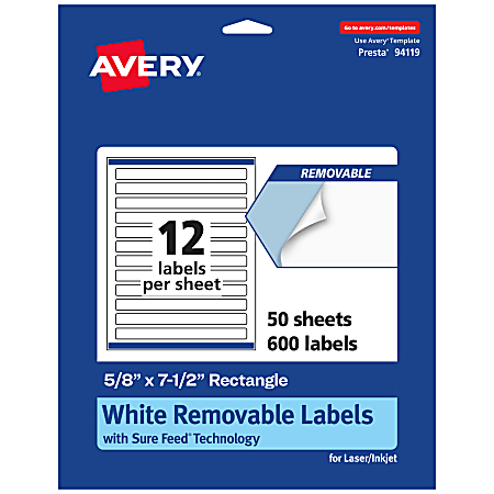 Avery® Removable Labels With Sure Feed®, 94119-RMP50, Rectangle, 5/8" x 7-1/2", White, Pack Of 600 Labels