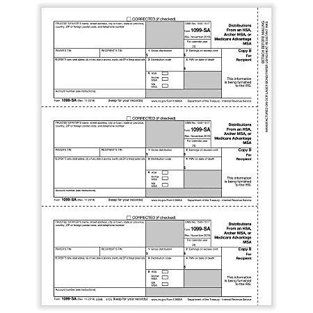 ComplyRight™ 1099-SA Tax Forms, 3-Up, Recipient Copy B, Laser, 8-1/2" x 11", Pack Of 150 Forms