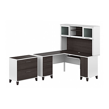 Bush Furniture Somerset 60"W L-Shaped Desk With Hutch And Lateral File Cabinet, Storm Gray/White, Standard Delivery