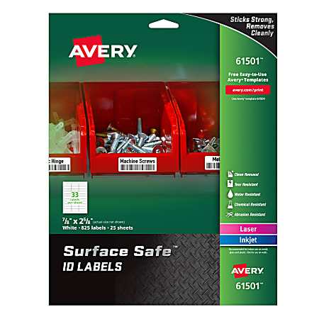 Avery® Surface Safe™ ID Labels, 7/8" x 2 5/8", White, Pack Of 825 Labels