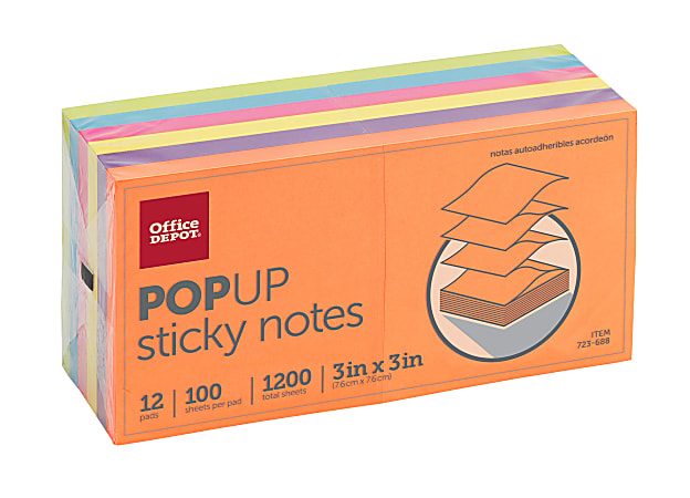 Office Depot® Brand Pop Up Sticky Notes, 3" x 3", Assorted Vivid Colors, 100 Sheets Per Pad, Pack Of 12 Pads