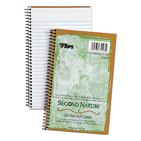 TOPS® Second Nature Top-Bound Memo Book, 5" x 8", 1 Subject, Narrow Rule, 40 Sheets 100% Recycled, White
