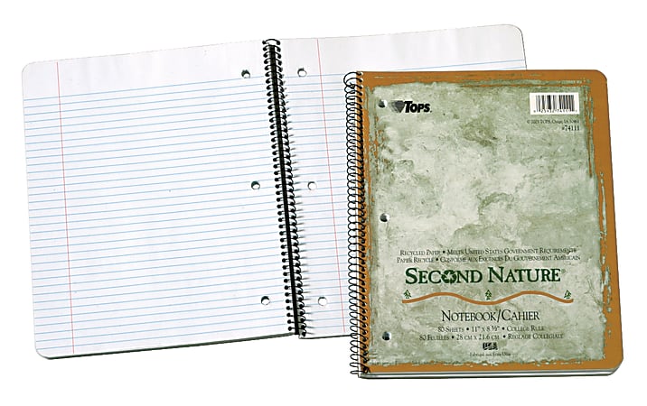 TOPS® Second Nature® 100% Recycled Perforated Notebook, 3-Hole Punched, 8 1/2" x 11", 1 Subject, College Ruled, 40 Sheets, White