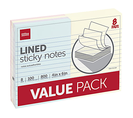 Office Depot® Brand Lined Sticky Notes, 4 in x 6 in, Assorted Pastel Colors, 100 Sheets Per Pad, Pack Of 8