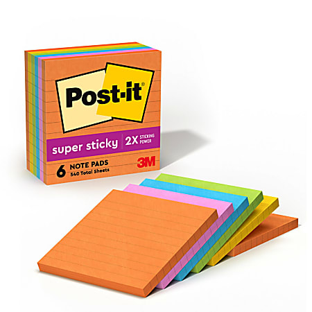 Post-it® Super Sticky Notes, 4 x 4 in, 6 Lined Sticky Note Pads, 90 Sheets/Pad, 2X the Sticking Power, School and Office Supplies, Energy Boost