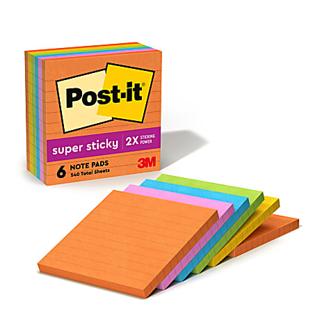 Post it Super Sticky Notes 4 in x 4 in 6 Pads 90 SheetsPad 2x the Sticking  Power Energy Boost Collection Lined - Office Depot